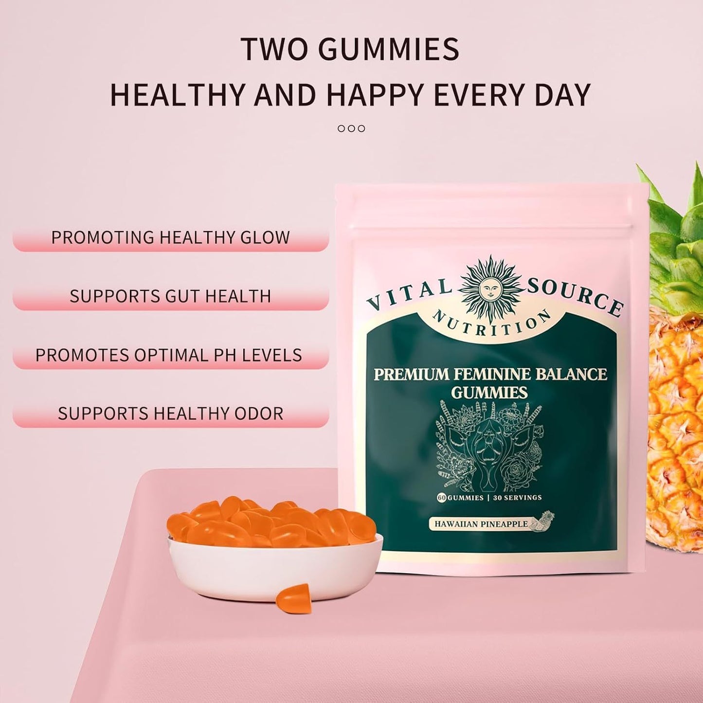 Premium Feminine Balance Gummies Gummy For Women's Vital Health Gut Health - Immune Support - Vegan, Gluten-Free & Halal - Hawaiian Pineapple - 60 Gummies - 30 Servings