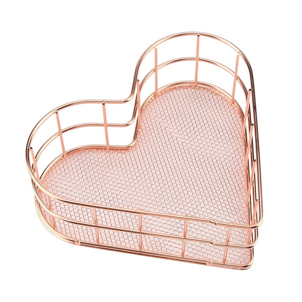 Multifunctional Anti rust Iron Heart Shape Storage Basket Household Office(Rose Golden)