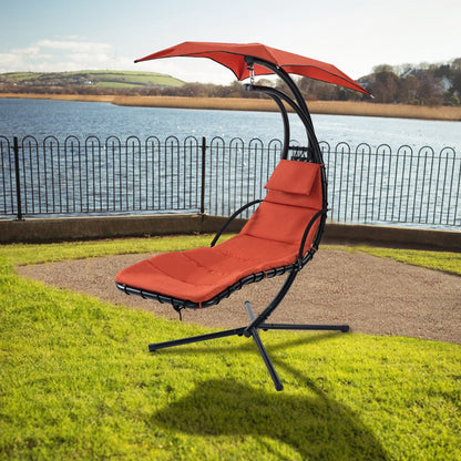 Hanging Chaise Lounger With Removable Canopy, Outdoor Swing Chair With Built-in Pillow, Hanging Curv