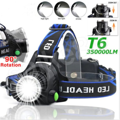 T6 Headlamp Rechargeable 350000LM LED Zoom  Headlight Head Torch USB Line